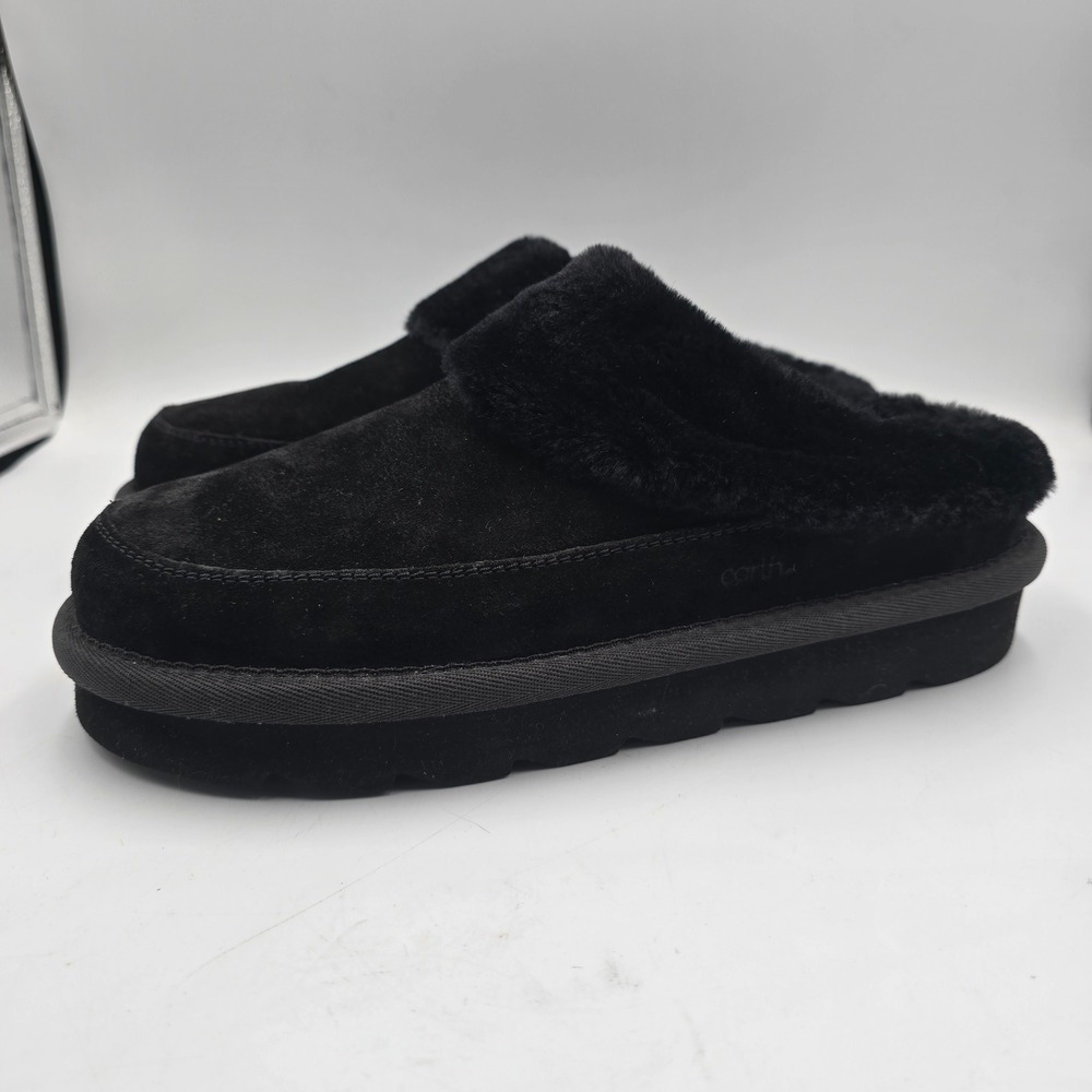 Earth Slippers Women 9 Black Faux Fur Lined Platform Suede Mules Lug Sole Cozy